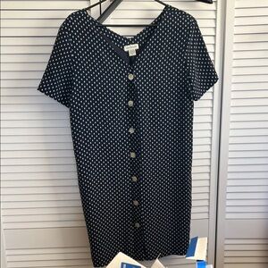 Ann Taylor Navy and White Polka Dot Button-Front Midi Dress